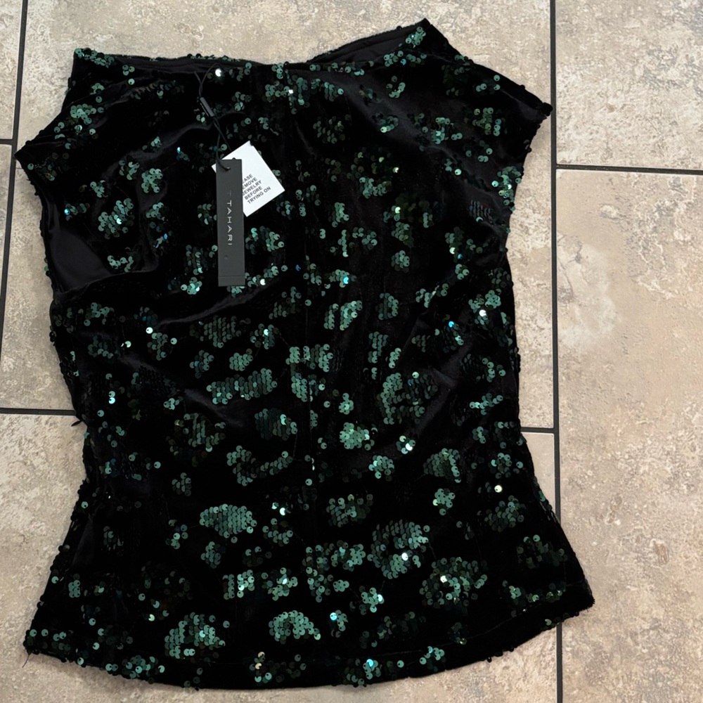 T Tahari Black Velvet Top with Emerald Sequins